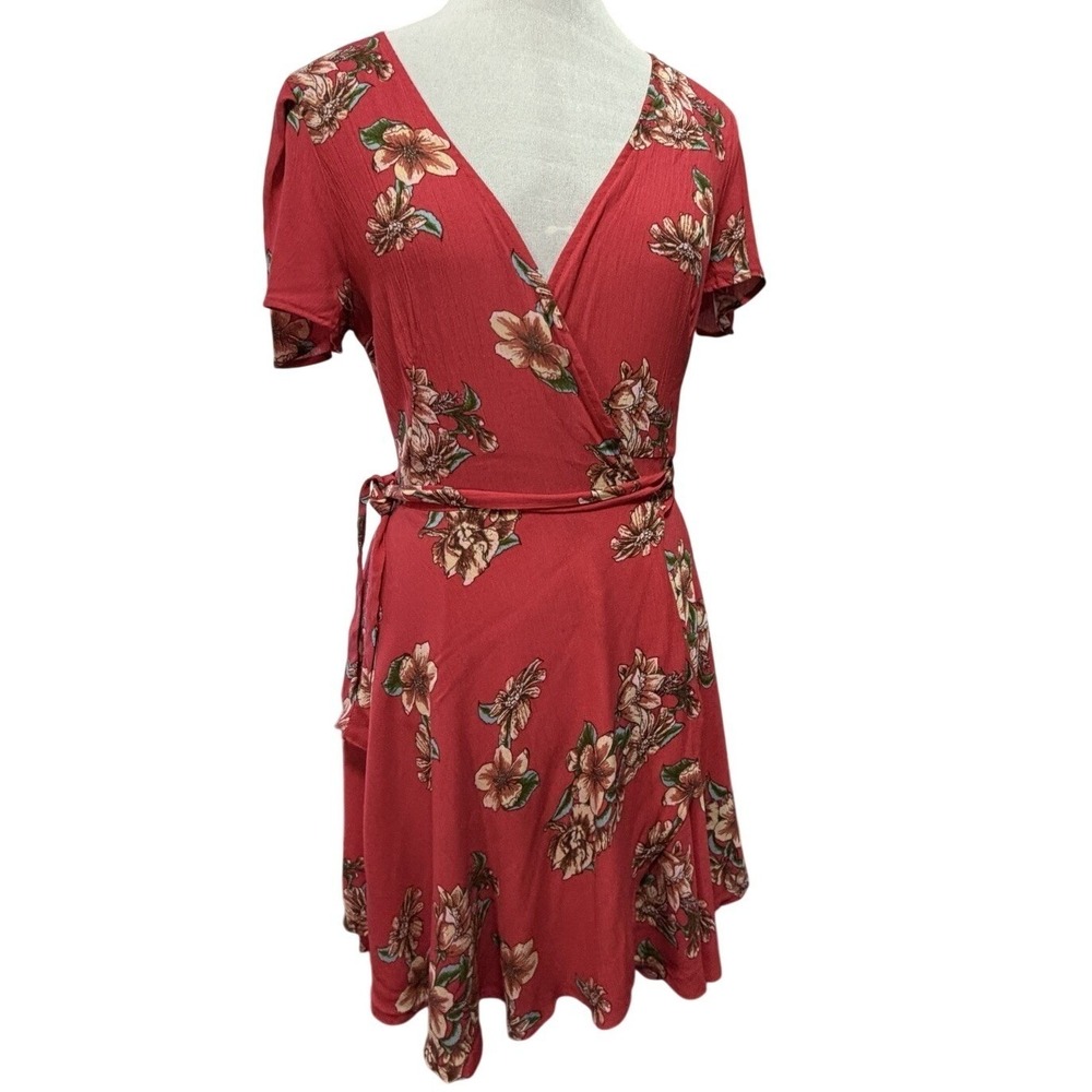 Y2K Red Floral Wrap Short Sleeve Mini Dress Women's Small Vacay FemGem‎